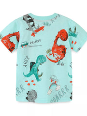 Back view of the light aqua children's t-shirt with all-over red and teal dinosaur prints
