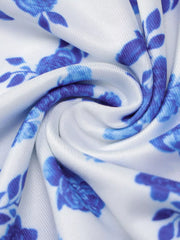 Close up of swirled blue floral print fabric showing texture of bodycon maxi dress