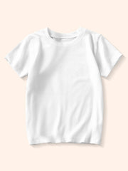 Plain white children's crew neck T-shirt shown from the front on a pale background