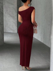Back view of a burgundy asymmetrical one shoulder ribbed bodycon maxi dress