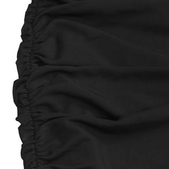 Close up of black ruched side seam and mesh fabric texture on maxi dress