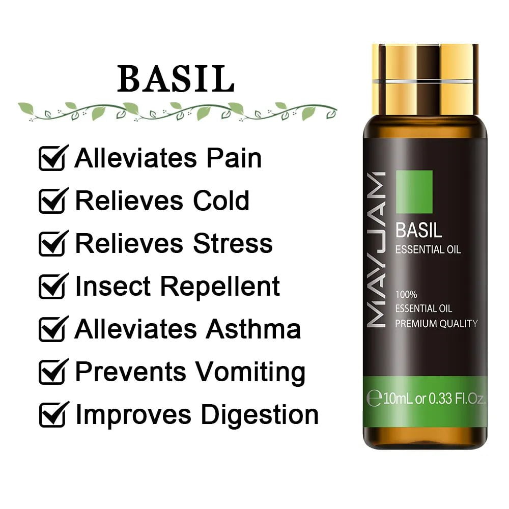 10ml Pure Lavender, Eucalyptus, Rose, Lemon, Jasmine, Vanilla, Mint, Sandalwood, Bergamot, Tea Tree Essential Oils for Diffuser Aroma Basil / 10ml / CHINA