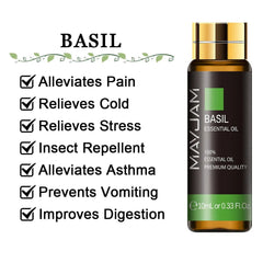 10ml Pure Lavender, Eucalyptus, Rose, Lemon, Jasmine, Vanilla, Mint, Sandalwood, Bergamot, Tea Tree Essential Oils for Diffuser Aroma Basil / 10ml / CHINA