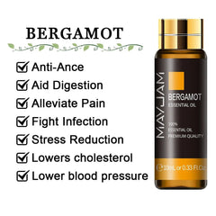 10ml Pure Lavender, Eucalyptus, Rose, Lemon, Jasmine, Vanilla, Mint, Sandalwood, Bergamot, Tea Tree Essential Oils for Diffuser Aroma Bergamot / 10ml / CHINA