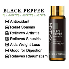10ml Pure Lavender, Eucalyptus, Rose, Lemon, Jasmine, Vanilla, Mint, Sandalwood, Bergamot, Tea Tree Essential Oils for Diffuser Aroma BlackPepper / 10ml / CHINA