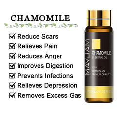 10ml Pure Lavender, Eucalyptus, Rose, Lemon, Jasmine, Vanilla, Mint, Sandalwood, Bergamot, Tea Tree Essential Oils for Diffuser Aroma Chamomile / 10ml / CHINA