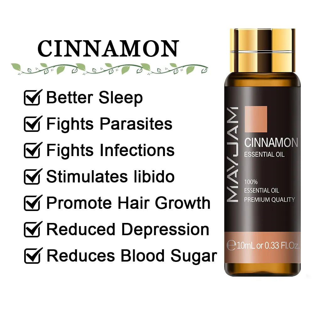 10ml Pure Lavender, Eucalyptus, Rose, Lemon, Jasmine, Vanilla, Mint, Sandalwood, Bergamot, Tea Tree Essential Oils for Diffuser Aroma Cinnamon / 10ml / CHINA