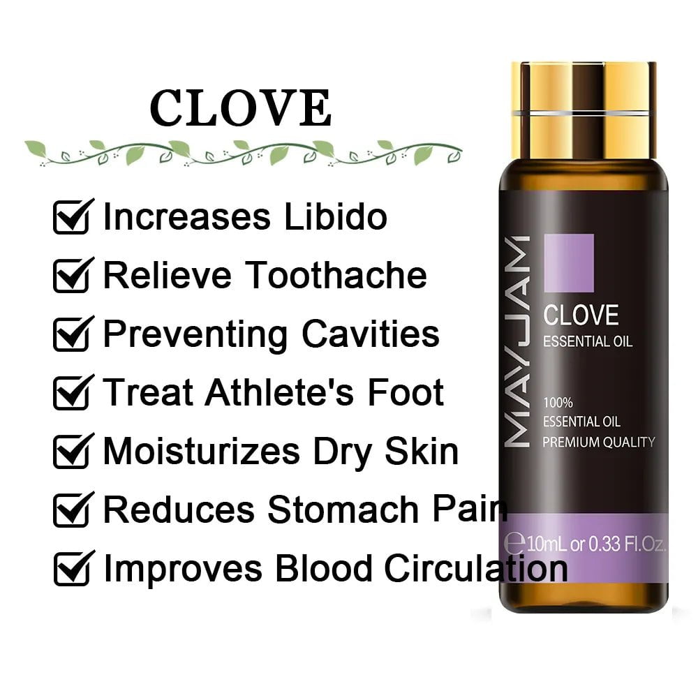 10ml Pure Lavender, Eucalyptus, Rose, Lemon, Jasmine, Vanilla, Mint, Sandalwood, Bergamot, Tea Tree Essential Oils for Diffuser Aroma Clove / 10ml / CHINA