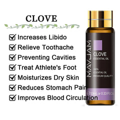 10ml Pure Lavender, Eucalyptus, Rose, Lemon, Jasmine, Vanilla, Mint, Sandalwood, Bergamot, Tea Tree Essential Oils for Diffuser Aroma Clove / 10ml / CHINA