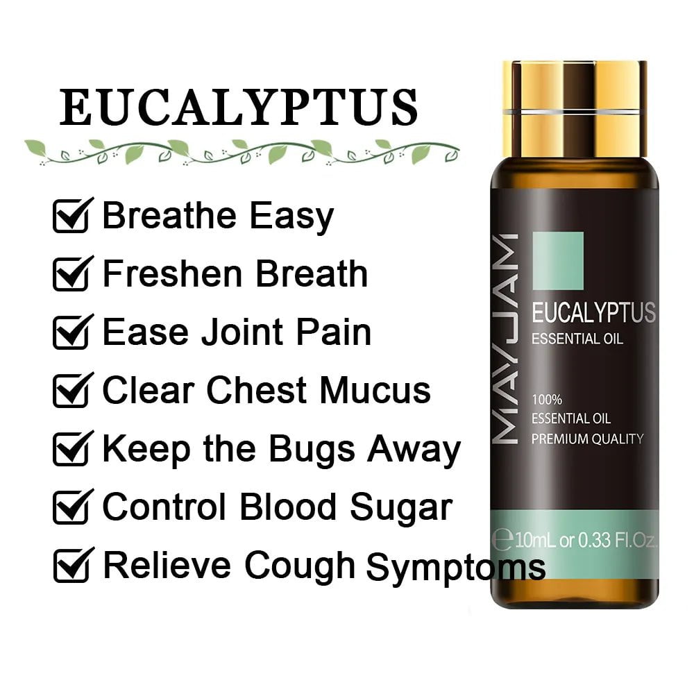 10ml Pure Lavender, Eucalyptus, Rose, Lemon, Jasmine, Vanilla, Mint, Sandalwood, Bergamot, Tea Tree Essential Oils for Diffuser Aroma Eucalyptus / 10ml / CHINA