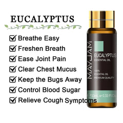 10ml Pure Lavender, Eucalyptus, Rose, Lemon, Jasmine, Vanilla, Mint, Sandalwood, Bergamot, Tea Tree Essential Oils for Diffuser Aroma Eucalyptus / 10ml / CHINA