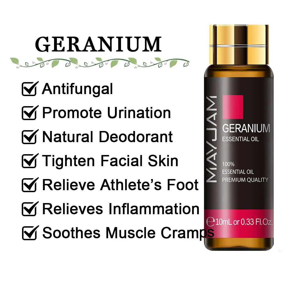 10ml Pure Lavender, Eucalyptus, Rose, Lemon, Jasmine, Vanilla, Mint, Sandalwood, Bergamot, Tea Tree Essential Oils for Diffuser Aroma Geranium / 10ml / CHINA
