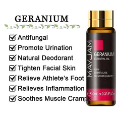 10ml Pure Lavender, Eucalyptus, Rose, Lemon, Jasmine, Vanilla, Mint, Sandalwood, Bergamot, Tea Tree Essential Oils for Diffuser Aroma Geranium / 10ml / CHINA