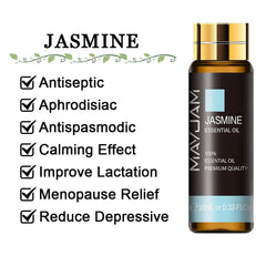 10ml Pure Lavender, Eucalyptus, Rose, Lemon, Jasmine, Vanilla, Mint, Sandalwood, Bergamot, Tea Tree Essential Oils for Diffuser Aroma Jasmine / 10ml / CHINA