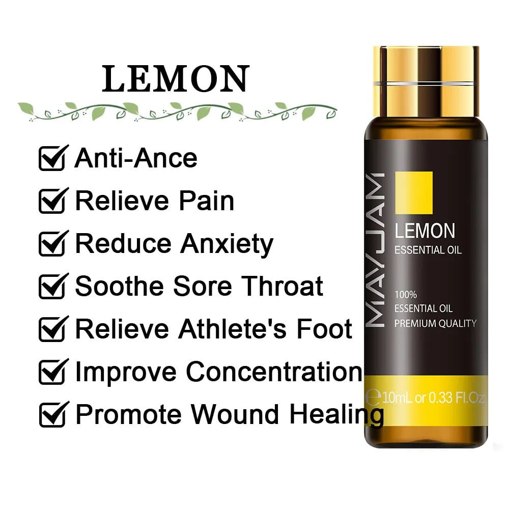 10ml Pure Lavender, Eucalyptus, Rose, Lemon, Jasmine, Vanilla, Mint, Sandalwood, Bergamot, Tea Tree Essential Oils for Diffuser Aroma Lemon / 10ml / CHINA