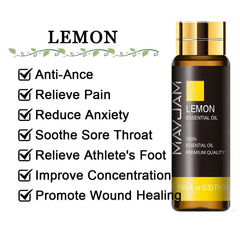 10ml Pure Lavender, Eucalyptus, Rose, Lemon, Jasmine, Vanilla, Mint, Sandalwood, Bergamot, Tea Tree Essential Oils for Diffuser Aroma Lemon / 10ml / CHINA