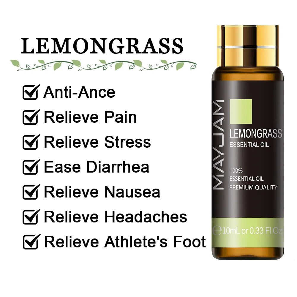 10ml Pure Lavender, Eucalyptus, Rose, Lemon, Jasmine, Vanilla, Mint, Sandalwood, Bergamot, Tea Tree Essential Oils for Diffuser Aroma Lemongrass / 10ml / CHINA