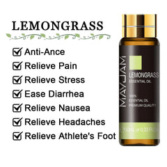 10ml Pure Lavender, Eucalyptus, Rose, Lemon, Jasmine, Vanilla, Mint, Sandalwood, Bergamot, Tea Tree Essential Oils for Diffuser Aroma Lemongrass / 10ml / CHINA