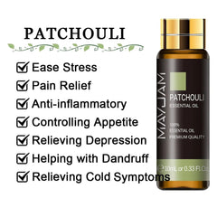 10ml Pure Lavender, Eucalyptus, Rose, Lemon, Jasmine, Vanilla, Mint, Sandalwood, Bergamot, Tea Tree Essential Oils for Diffuser Aroma Patchouli / 10ml / CHINA