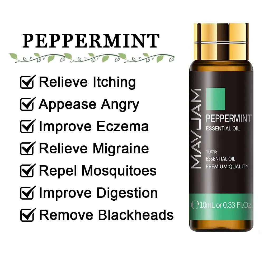 10ml Pure Lavender, Eucalyptus, Rose, Lemon, Jasmine, Vanilla, Mint, Sandalwood, Bergamot, Tea Tree Essential Oils for Diffuser Aroma Peppermint / 10ml / CHINA