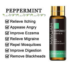 10ml Pure Lavender, Eucalyptus, Rose, Lemon, Jasmine, Vanilla, Mint, Sandalwood, Bergamot, Tea Tree Essential Oils for Diffuser Aroma Peppermint / 10ml / CHINA