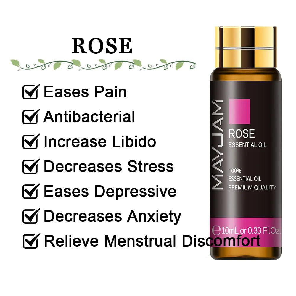 10ml Pure Lavender, Eucalyptus, Rose, Lemon, Jasmine, Vanilla, Mint, Sandalwood, Bergamot, Tea Tree Essential Oils for Diffuser Aroma Rose / 10ml / CHINA