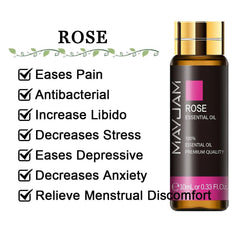 10ml Pure Lavender, Eucalyptus, Rose, Lemon, Jasmine, Vanilla, Mint, Sandalwood, Bergamot, Tea Tree Essential Oils for Diffuser Aroma Rose / 10ml / CHINA