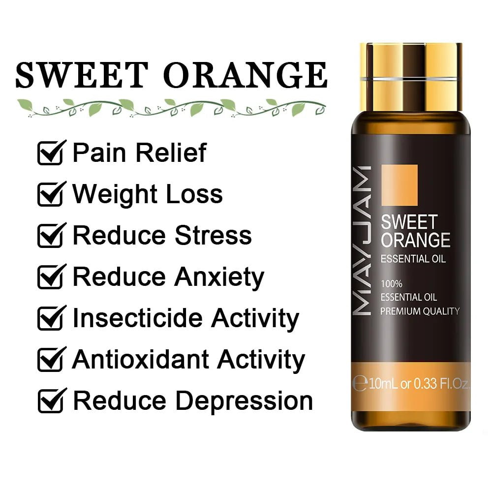 10ml Pure Lavender, Eucalyptus, Rose, Lemon, Jasmine, Vanilla, Mint, Sandalwood, Bergamot, Tea Tree Essential Oils for Diffuser Aroma Sweet Orange / 10ml / CHINA