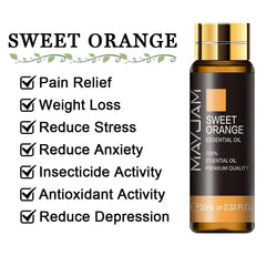10ml Pure Lavender, Eucalyptus, Rose, Lemon, Jasmine, Vanilla, Mint, Sandalwood, Bergamot, Tea Tree Essential Oils for Diffuser Aroma Sweet Orange / 10ml / CHINA