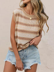 On-model side front view of the beige and tan striped sleeveless knit top with denim shorts