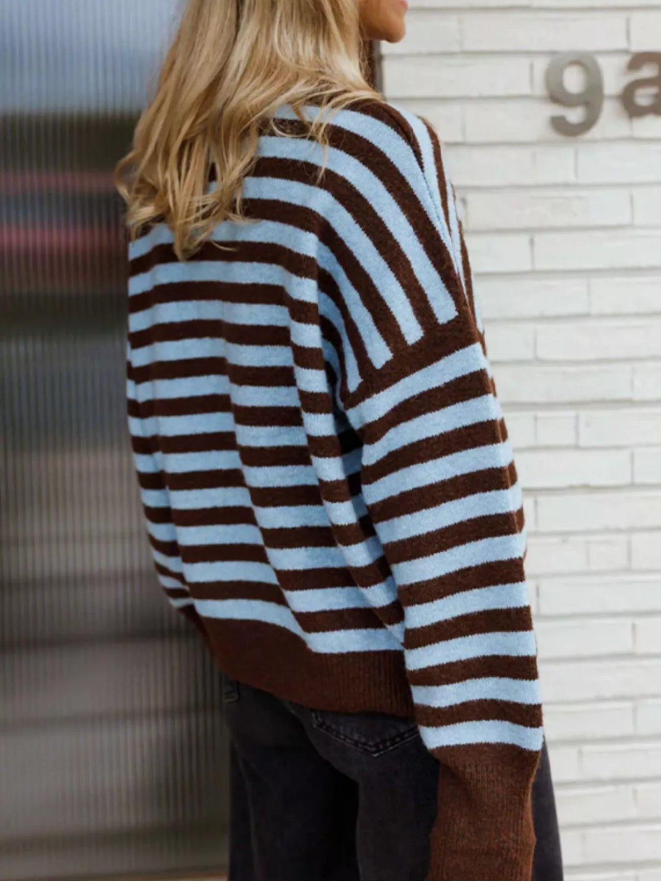 Back view of a brown and light blue striped crew neck sweater