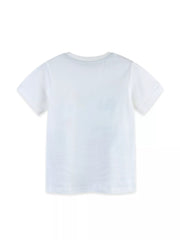 Flat lay back view of plain white children's short sleeve round neck t-shirt