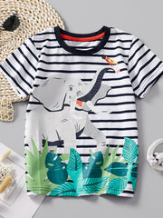 Children's multicolor round-neck T-shirt combining stripes and an elephant design.