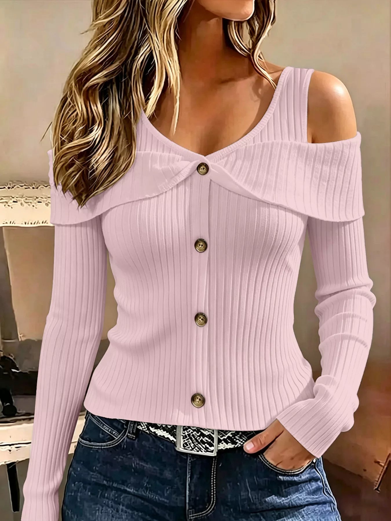 Light pink cold shoulder ribbed knit top with foldover collar and front buttons, front view