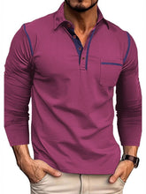 Men's long-sleeve polo with contrast stitching and pocket detailing in a cotton-spandex blend.