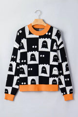 Flat front view on a hanger of a checkerboard ghost sweater with orange trim