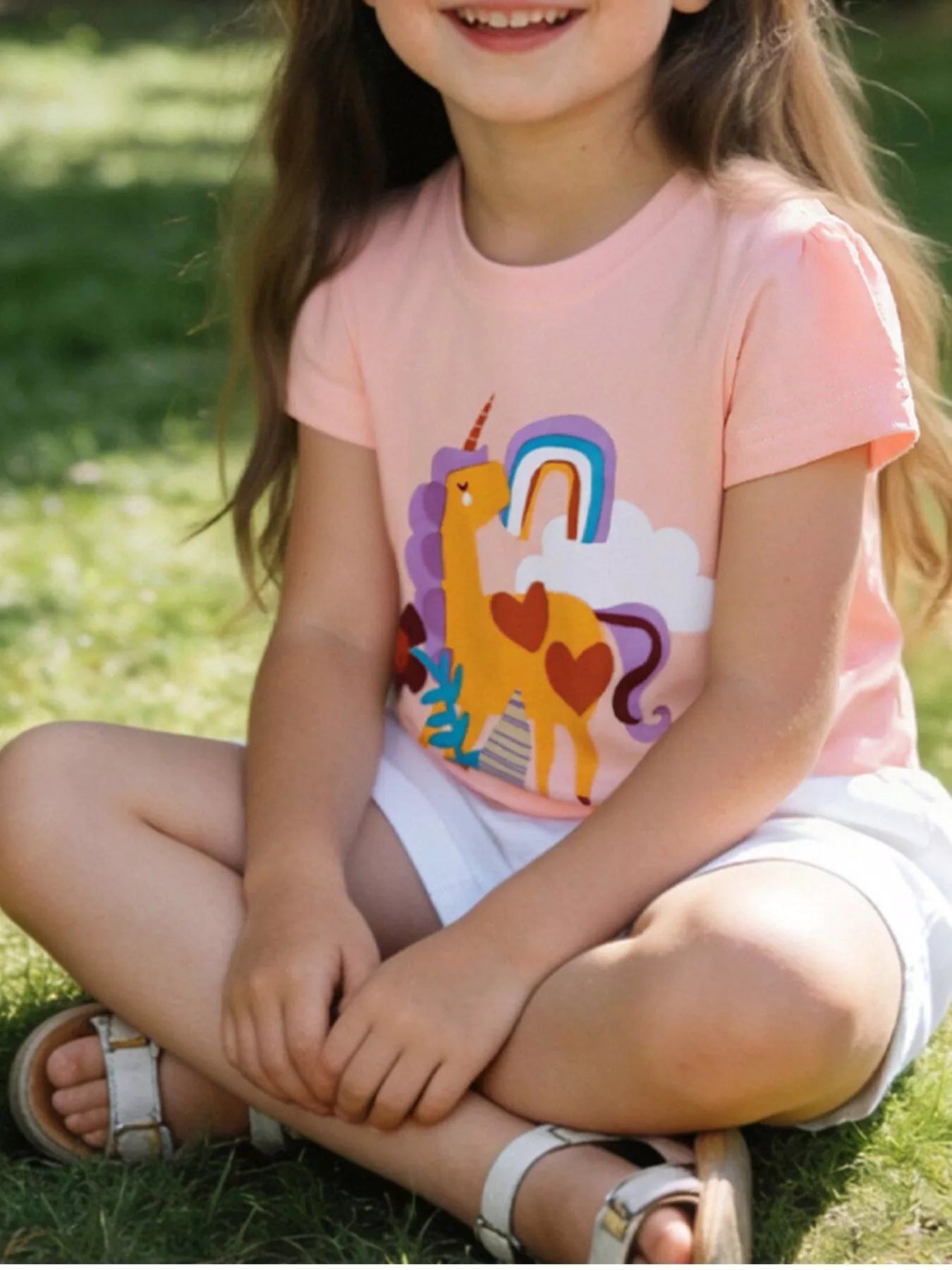 Children's blush pink short-sleeve T-shirt featuring a unicorn graphic.