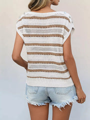 Back view of the white and khaki striped openwork crochet knit top with cap sleeves and shoulder buttons.