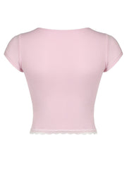 Lace Detail Sweetheart Neck Short Sleeve T-Shirt