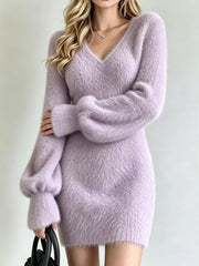 Lavender fuzzy knit sweater dress with V neck and long puff sleeves, front view