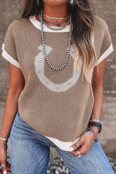 Front view of a mocha short sleeve sweater with a white horseshoe and white trim