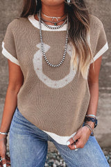 Front view of a mocha short sleeve sweater with a white horseshoe and white trim