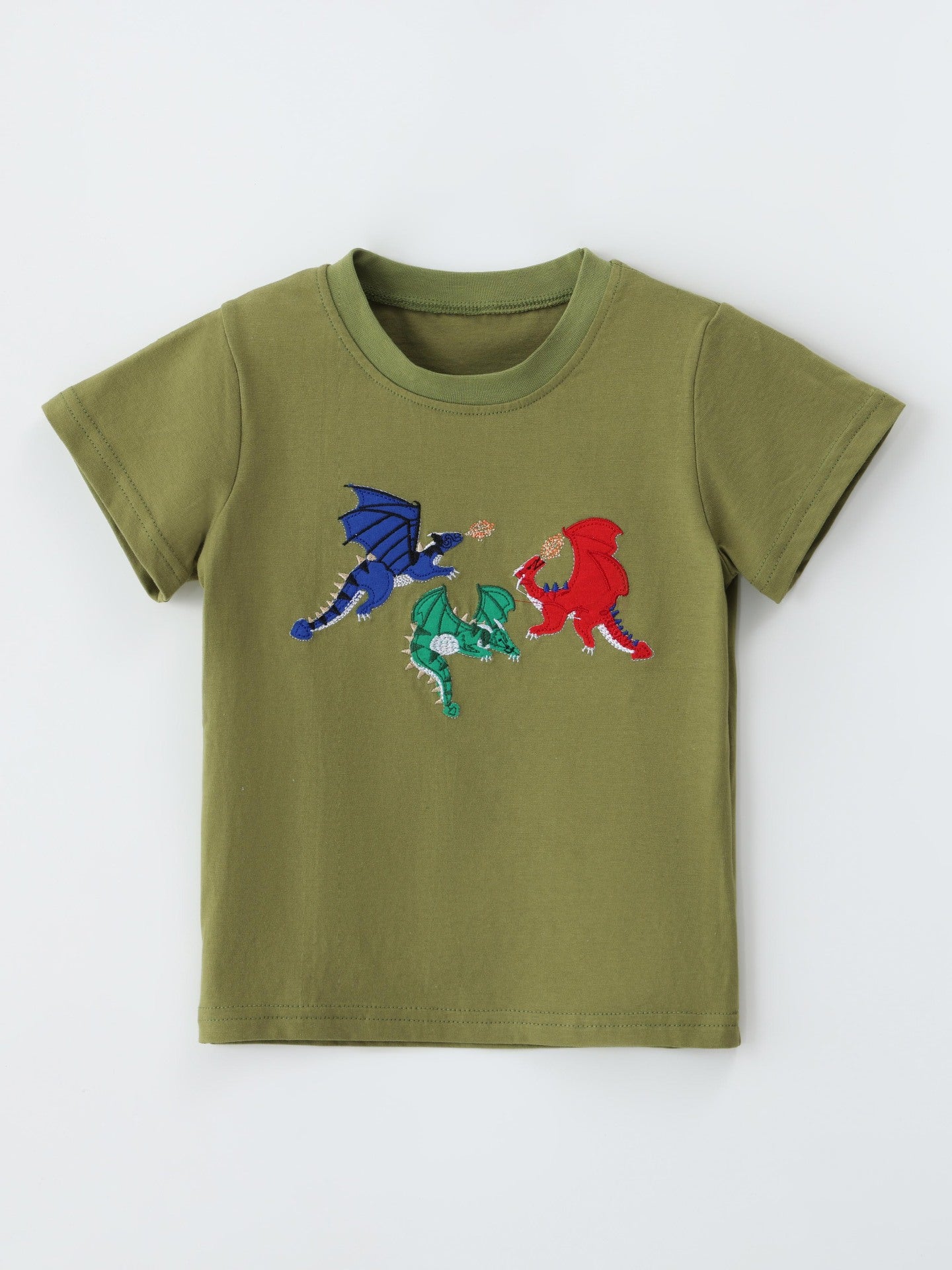 Front view of olive children's t-shirt with three embroidered dragons in blue, green and red