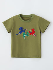 Front view of olive children's t-shirt with three embroidered dragons in blue, green and red