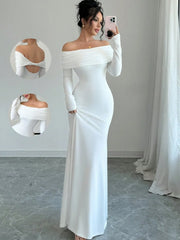 Full front mirror view of white off shoulder bodycon maxi dress with back detail insets