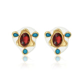 14K Gold Accented Enamel Blue Gemstone Ruby Statement Earrings Multicolor / Clip On