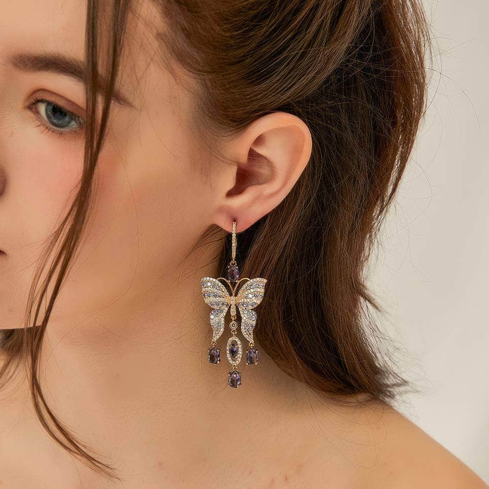 14K Gold Amethyst Butterfly Rhinestone Dangle Earrings Purple / Clip On