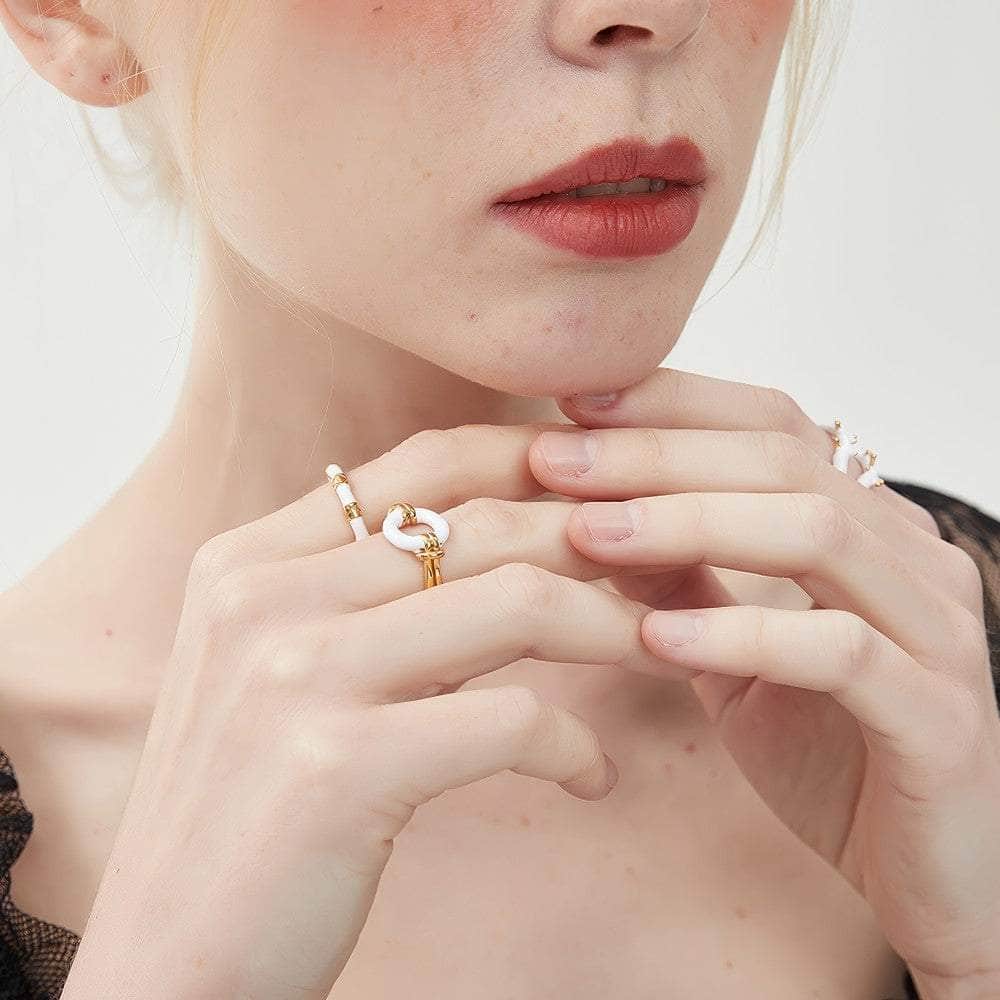 14k Gold Bamboo Adjustable Three Set Cuff Ring Adjustable / White