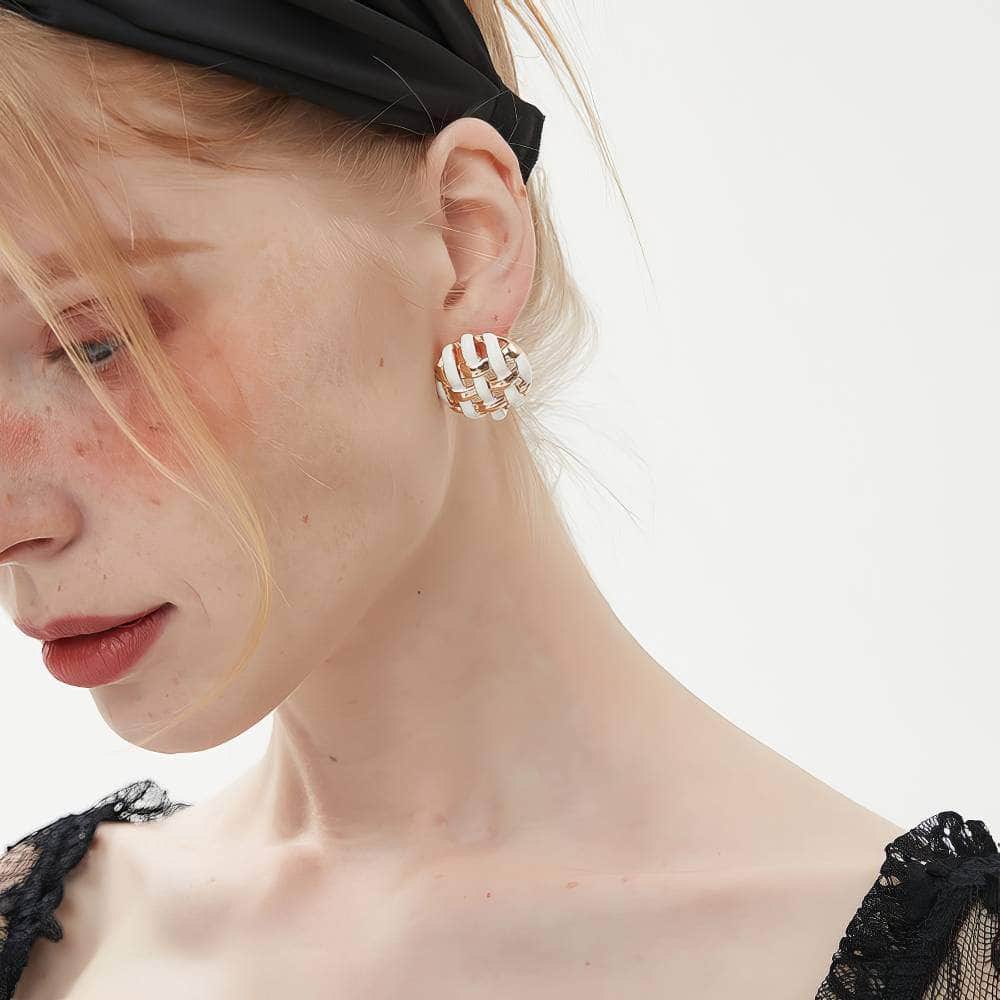 14K Gold Basket Weave Enamel Earrings White / Clip On