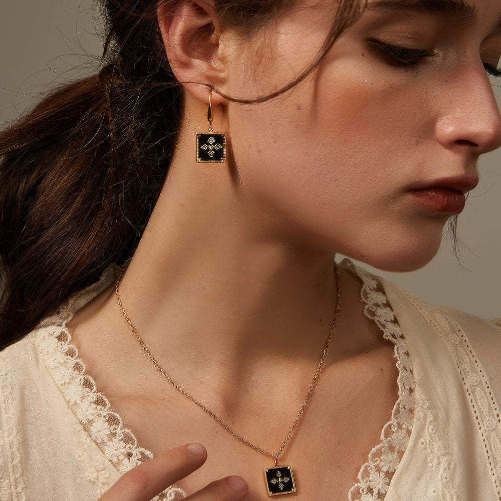 14k Gold Black Enamel Square Cross Pendant Necklace Black